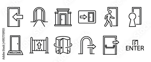 Collection of black line art icons representing various types of entrances, exits, and doors, including revolving doors, turnstiles, welcome mats, and keyholes in a minimalist style