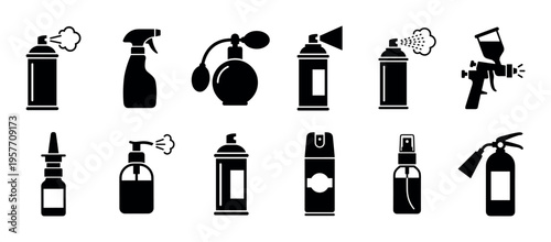 Set of black spray bottle icons including aerosol cans, pump dispensers, a perfume atomizer, and a fire extinguisher in a simple flat silhouette style collection