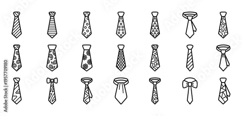 Collection of hand-drawn neckties and bow ties featuring various patterns like stripes, polka dots, and geometric shapes, presented as a minimalist black and white icon set