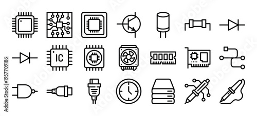 Large set of black line icons representing computer hardware components and electronic parts like microchips, processors, resistors, and diodes in a minimalist vector style