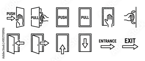 Collection of black line icons showing push and pull door signs with hands and arrows for public entrance and exit guidance in a simple minimalist vector illustration style