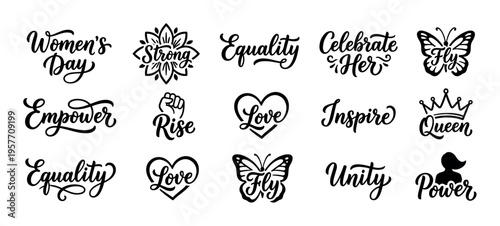 Collection of black hand-lettered feminist quotes and symbols for International Women's Day, featuring words like empower, equality, strong, and love in a modern calligraphy style