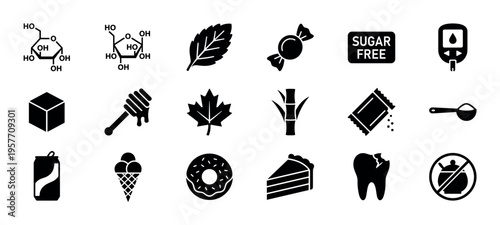 Set of black solid vector icons related to sugar and sweeteners, showing sweet foods like cake and donuts, natural sources like honey and stevia, and health symbols for diabetes and tooth decay