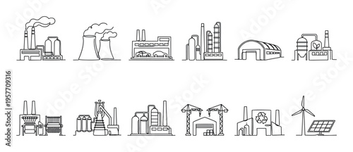 Set of industrial factory building icons drawn in a continuous single line art style, featuring manufacturing plants, refineries, renewable energy sources, and recycling facilities