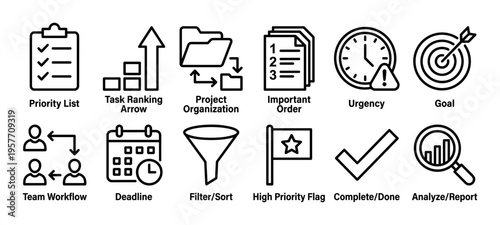Collection of black line icons representing project management and business productivity concepts like priority, task, goal, deadline, and workflow in a simple, minimalist style