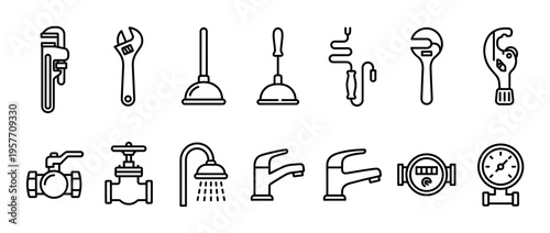 Collection of plumbing tools and fixtures icons, including wrenches, plungers, faucets, valves, and gauges, rendered in a clean, minimalist line art style