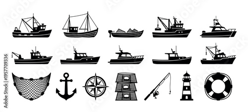 Set of black nautical fishing icons featuring various boats like trawlers and motorboats, plus an anchor, compass rose, net, lobster pot, rod, lighthouse, and lifebuoy