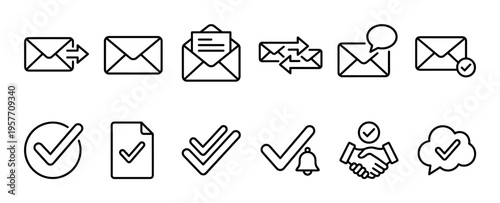 Collection of black line art icons representing email, messaging, confirmation, and approval symbols like envelopes, checkmarks, handshakes, and notification bells in a minimalist vector style