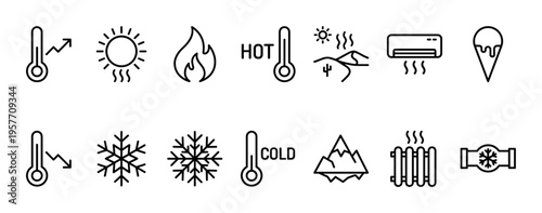 Set of black line icons representing hot and cold temperature concepts, including thermometer, sun, snowflake, air conditioner, and radiator for weather and climate themes
