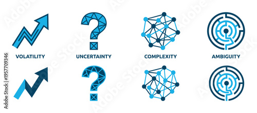 VUCA icon set representing volatility, uncertainty, complexity, and ambiguity with arrow, question mark, network, and maze symbols for business strategy and management