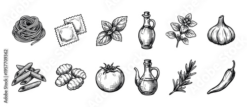Hand-drawn collection of Italian food ingredients showing pasta, herbs, vegetables, and olive oil in a vintage black and white engraving style for culinary or menu design