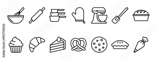 Collection of black line art icons for baking and pastry, including a mixer, rolling pin, cupcake, and pie, presented in a clean, minimalist vector illustration style