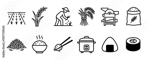 Black and white rice production icon set showing the entire process from planting and farming to milling, cooking, and eating dishes like sushi, onigiri, and a steamed bowl