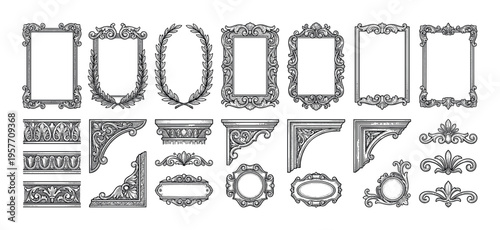 Large set of vintage decorative elements including ornate frames, borders, corners, and flourishes in a detailed black and white hand-drawn engraving style for classic design projects