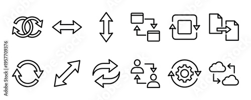 Set of black thin line icons representing exchange, synchronization, and workflow concepts for user interface design, including arrows, process diagrams, and cloud data transfer symbols
