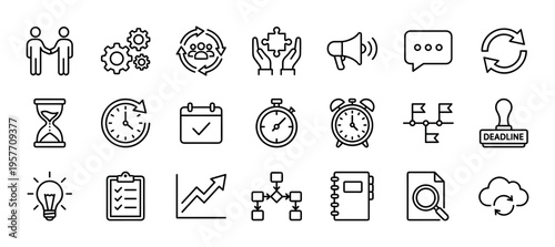Large set of black thin line icons for business and project management, illustrating concepts like teamwork, deadline, planning, and strategy in a simple pictogram collection