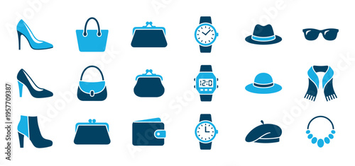 Collection of blue fashion accessory icons including shoes, handbags, wallets, watches, hats, and jewelry presented in a clean, minimalist vector style for apparel concepts