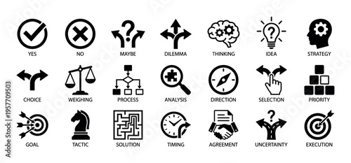 Large collection of black decision-making icons representing concepts like strategy, analysis, choice, solution, and process in a clean minimalist glyph style
