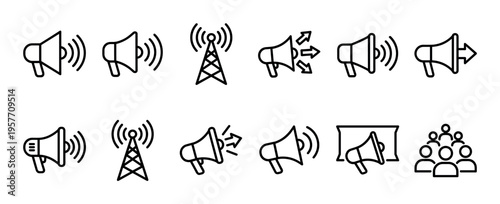 Set of black outline communication icons featuring megaphones, a broadcast tower, and an audience symbol, representing concepts of marketing, announcement, and public relations
