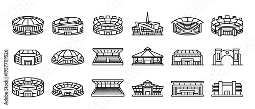 Set of stadium and arena icons in a minimalist line art style showing various architectural designs for sports venues, from classic coliseums to modern domed structures