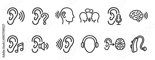 Set of hearing and sound related line icons representing listening, communication, audiology, hearing loss, and auditory perception with a clean minimalist design