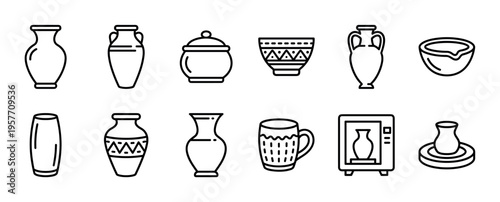 Pottery and ceramics line icon set featuring various handmade clay items like vases, pots, bowls, and an amphora, including a kiln and a potter's wheel for crafting