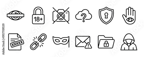 Set of black line icons representing privacy, security, censorship, and cybercrime concepts like a hacker, padlock, shield, and broken chain for data protection