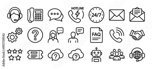Large set of black line icons for customer service and technical support, including a headset, phone, chatbot, and FAQ symbols for a helpdesk or call center concept
