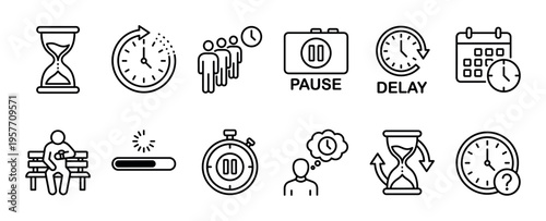 Set of black line icons representing time, waiting, and delay concepts like hourglass, clock, calendar, pause, and loading bar for user interface design and infographics