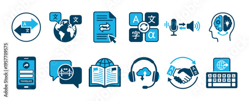 Comprehensive set of blue and white translation icons illustrates various aspects of language conversion, global communication, and digital interpretation services with clear, modern symbols