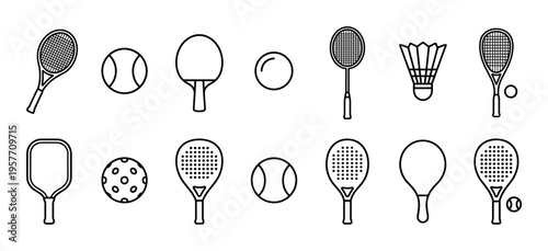 Collection of racket sports equipment icons for tennis, badminton, padel, and table tennis, presented as a minimalist black and white line art vector illustration set