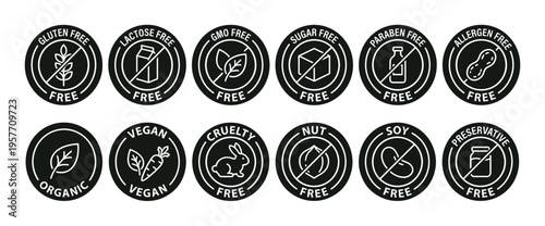 Twelve black and white circular icons displaying various dietary and product claims such as gluten-free, vegan, and organic, presented in a clean, graphic, and informative style