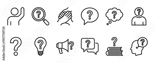 Set of black line icons representing questions, help, support, and problem-solving concepts like dialogue, research, and finding answers, presented in a minimalist, clean vector style
