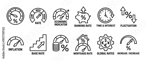 These financial and economic rate line icons illustrate various banking, interest, inflation, and mortgage concepts with clear gauges and symbols, presented in a clean, modern style