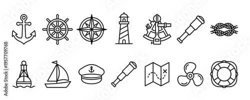 Set of nautical themed linear icons featuring an anchor, ship's wheel, compass rose, lighthouse, sextant, and map in a simple black outline illustration style