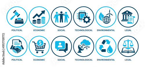 Set of blue PESTEL analysis icons representing political, economic, social, technological, environmental, and legal factors for business strategy and marketing assessment in a flat vector style