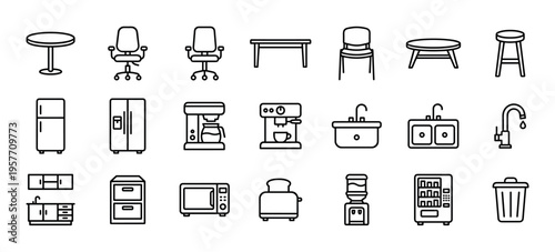 Large set of black line icons depicting office and kitchen furniture, appliances, and fixtures in a minimalist outline style for graphic design and user interface elements