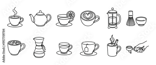 Set of black and white coffee and tea icons showing various brewing methods and drinks like espresso, latte, matcha, and pour-over in a simple minimalist line art vector style