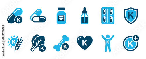 Blue Vitamin K icon set collection showing supplement pills, capsules, drops, food sources, and health benefits like bone and heart wellness in a flat graphic vector illustration