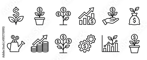 Collection of money growth and investment line icons representing financial concepts like profit, savings, capital, and economic development in a simple minimalist outline style