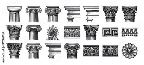Various classical architectural orders and decorative elements, including column capitals, friezes, and rosettes, presented in a detailed black and white vintage woodcut illustration style