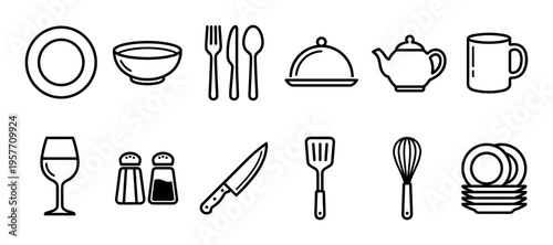 Set of kitchen and dining icons featuring various tableware and cooking utensils in a minimalist black line art style for graphic design and culinary concepts