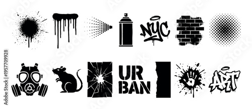 Collection of black graffiti stencil icons including a spray can, paint drips, a gas mask, a rat, and urban street art tags in a monochrome vector graphic illustration set