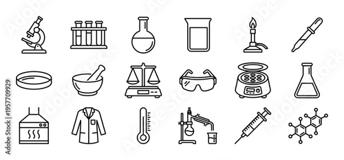 Chemistry and biology laboratory equipment icons drawn in a simple black outline style, featuring a microscope, beaker, flask, syringe, and molecular structure for scientific research