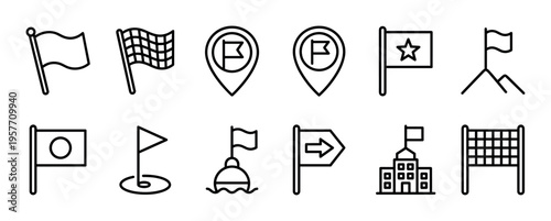 Collection of twelve black outline icons showing different types of flags, location pins, and goal markers for concepts like destination, sport, and achievement