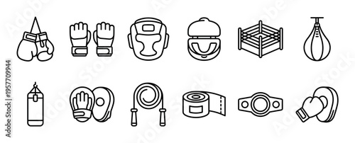 Boxing equipment and accessories line art icon set featuring gloves, headgear, punching bag, ring, and other gear for combat sports training, fitness, and competition