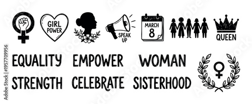 Collection of hand-drawn feminist icons and empowering text, featuring symbols of strength, equality, and sisterhood, celebrating women's rights and International Women's Day