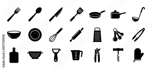 Large collection of black kitchen utensil icons featuring a fork, spoon, knife, pan, grater, and other cooking tools for culinary and food preparation concepts