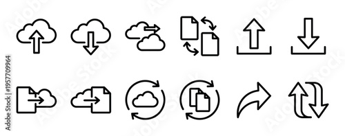 Set of twelve black line art icons representing cloud computing, data transfer, upload, download, and file synchronization for digital technology and web interface design concepts