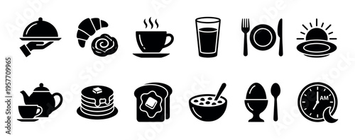 Breakfast food and drink black glyph icons set showing coffee, pancakes, toast, eggs, and cereal for a morning meal menu or restaurant concept